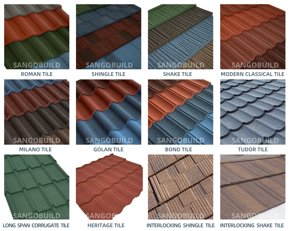 Different Shapes and Colors of Stone Coated Steel Metal Roofing Sheets.