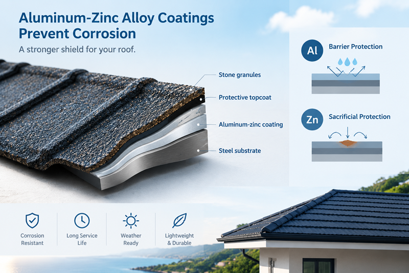 Stone coated steel roofing systems: how aluminum-zinc alloy coatings prevent corrosion Stone coated steel roofing systems: how aluminum-zinc alloy coatings prevent corrosion